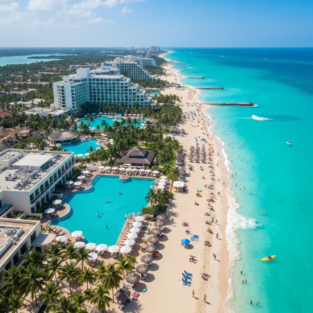 Aerial view of Cancun Mexico hotel zone showing pristine beaches, turquoise water, and luxury resorts during Spring Break 2026