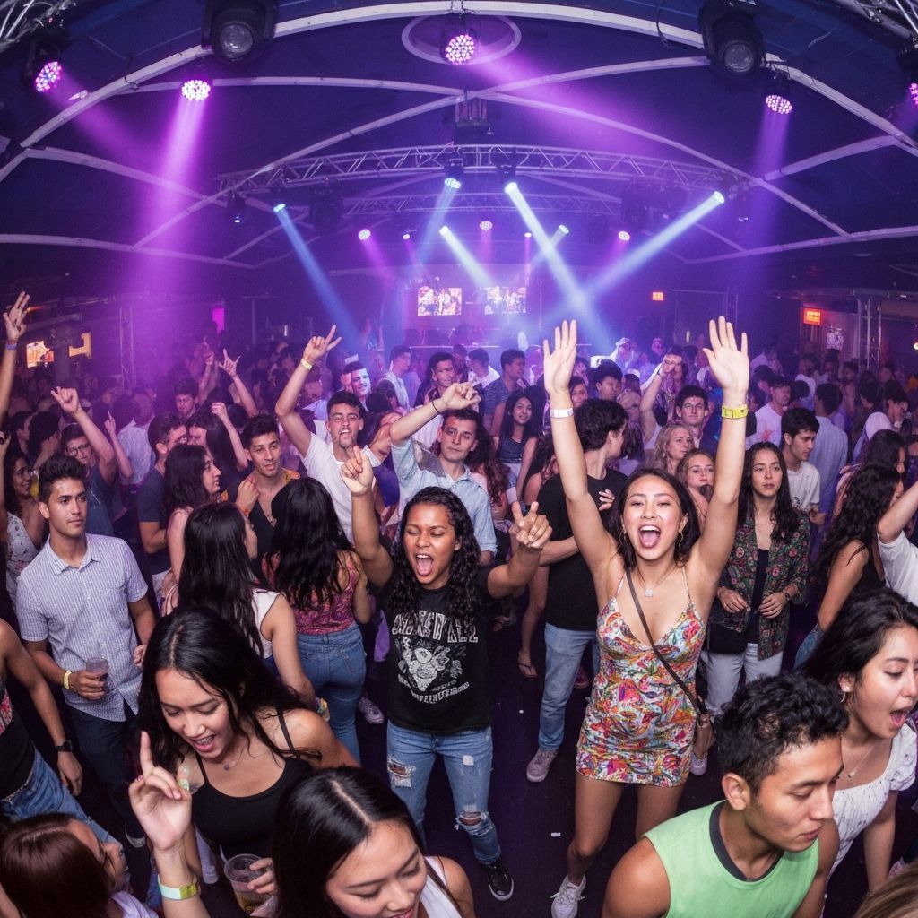 Vibrant Spring Break 2026 nightclub scene with colorful lighting and college students dancing and celebrating