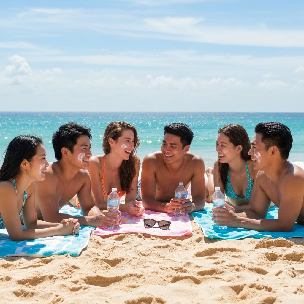 Safe Spring Break 2026 scene showing responsible students with sunscreen, staying hydrated on the beach
